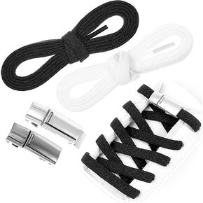 2 Pcs Elastic No Tie Shoelaces Flat Shoe Laces Sneakers Tieless Shoelaces Stretch Shoe Strings One Size Black White Sneakers Tieless Strings for Women Men Kids Adults Athletic Boot
