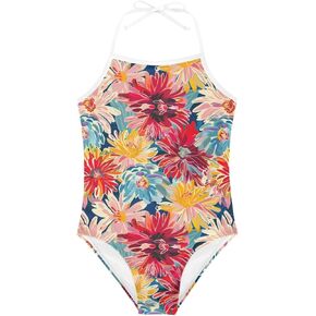 KiuLoam Orange Pink Tropical Leaf Girls One Piece Swimsuit Quick Dry Beach Swim Bathing Suit for 3-8 Years Little Girls