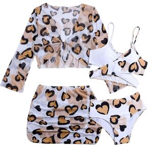 Verdusa Girl's 4 Piece Leopard Bikini Set Criss Cross Swimsuit with Beach Cover Up Set