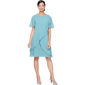 S.L. Fashions Women's Chiffon Tulip Overlay Wedding Guest Dress with Short Sleeves and Bugle Bead Embellishment