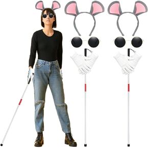 8Pcs Halloween Mouse Costume Accessories Set Blind Mouse Costume Kit Including Headbands Round Sunglasses Folding Blind Cane White Gloves for Halloween Party Favor Accessories