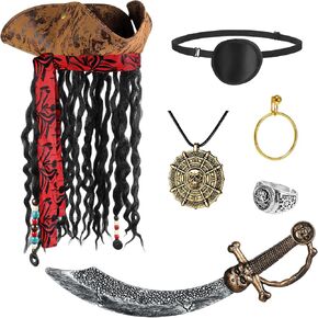 6PCS Pirate Costume Accessories for Adult,Halloween Pirate Hat with Dreadlocks,Eye Patch Earring Skull Necklace Plastic Knife Silver Ring for Men Woman Cosplay