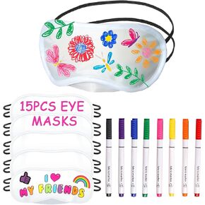 15 Pcs Eye Mask Sleep Mask Bulk Sleepover Party Games Favors, Sleeping Mask White Soft Blindfold Eye Cover with Nose Pad, Fabric Marker with 8 Colors for The Colors & Decoration of The Party Game