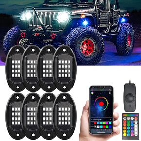 GSRECY RGB LED Rock Lights for Trucks, 8 Pods Rock Lights with App/Remote Control/Music Mode, Multilcolor Neon Underglow Wheel Well Light for ATV Pickup Off Road RZR UTV Golf Car Trailer Boat