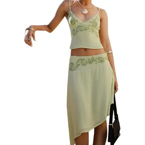 SOLILOQUY Women 2 Piece Skirt Outfit Boho Floral Spaghetti Strap Backless Cami Crop Top+Irregular Hem Midi Skirt Beachwear