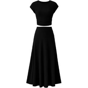 2 Piece Skirt Set Women Crew Neck Short Sleeve Cropped Top Elastic Waist Swing Skirts High Waist Maxi Skirt Set