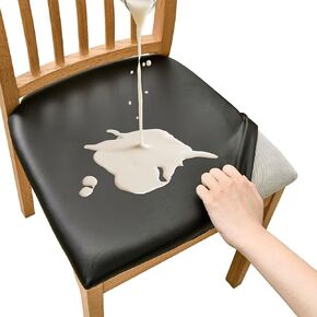 HAOYONG Waterproof Chair Seat Covers for Dining Chairs Set of 4,Pu Leather Chair Covers Stretch Dining Room Chair Covers Removable Washable Chair Seat Slipcovers for Dining Room,Kitchen(PU-Black)