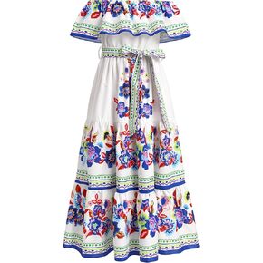 Mexican Dress for Girls Mexican Traditional Folk Floral Print Drape Dress with Flounce Belt Cinco De Mayo Fiesta