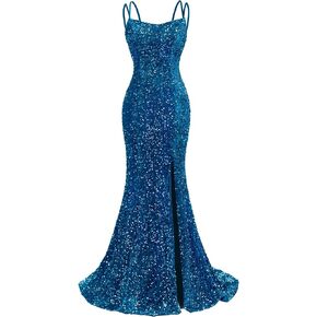 Sequin Prom Dresses for Women 2025 Mermaid Sparkly Spaghetti Backless Formal Evening Party Gowns with Slit in Kuwait