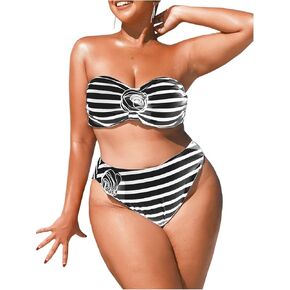 OYOANGLE Women's Plus Size Strapless Bandeau Bikini Set Striped Print 3D Floral Bathing Suits High Waisted Swimsuit