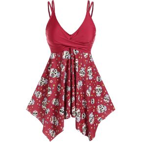 ROSE GAL Rosegal Women Plus Size Gothic Modest Tankini Swimsuit Skulls Backless Ruched Twist Padded Tankini Set
