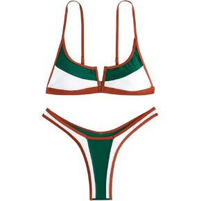 MakeMeChic Women's Colorblock Bikini Set V-Wired Spaghetti Strap High Cut Bathing Suit Swimsuits