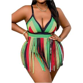 Milumia Women's Plus Size 2 Piece Tankini Set Striped Tassel Deep V Spaghetti Strap Swimsuits