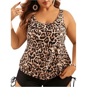 MakeMeChic Women's 2 Piece Tankini Sets Plus Size Leopard Print Ruched Beach Swimsuit