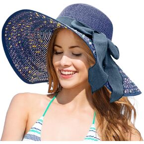 قبعة شمس القش القابلة للطي الصيفية للسيدات - UPF 50 UV Protection Beach Hat لقضاء عطلة في الهواء الطلق والبحرية الأزرق