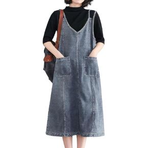 ebossy Women's Sleeveless V Neck Denim Overall Jumper Dress Casual Loose Double Spaghetti Straps Midi Jean Dress (X-Large, Blue)