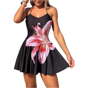 Verdusa Women's 2 Piece Tankini Swimsuit Boho Floral Pleated Halter Swimdress with Swim Bottoms