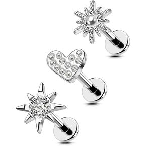 Cocharm 3pcs بلا خيط حلزوني الغضروف محارة مجوهرات ، فضية 16G مسطحة مسطحة الخلفية الحلزونية محارة النجمة ، القلب ، الشمس desgin- الفولاذ الجراحي دبوس stud labret