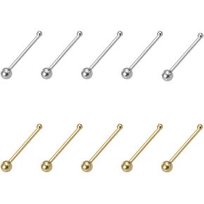 10Pcs 24G Stainless Steel Nose Studs Rings for Women Hypoallergenic Nose Piercings Jewelry Straight Bone Nose Rings 5 Gold 5 Silver