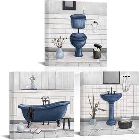 HOMEOART Bathroom Wall Art Bath Tub Painting Picture Bathroom Wall Decor Framed Ready to Hang 12x12inchx3,Deep Blue