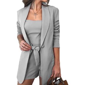 Women Three Piece Blazer Suit Long Sleeve Open Front Blazer Coat Crop Top High Waist Belted Shorts Ladies Suit Sets
