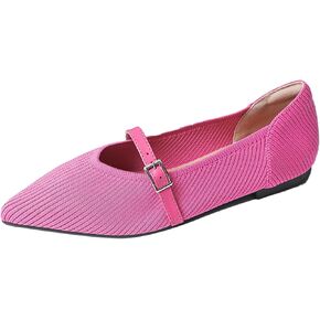 Women Knitted Striped Pointed Toe Mary Jane Flats with Adjustable Ankle Strap Comfort Casual Breathable Lightweight Washable Walking Shoes Dressy Ballet Flats for Office Dating