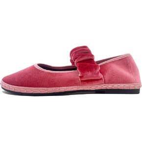 Women's Velvet Mary Jane Flats Round Toe Ballet Shoes Wide Strap Design with Burgundy Trim