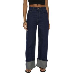 Wide Leg Jeans Woman Cuffed Mid Rise Straight Leg Jeans Loose Boyfriend Baggy Denim Pants with Pockets
