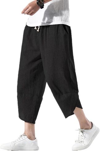 INVACHI Men's Casual Elastic Waist Linen Capri Pants Wide Leg Baggy Cotton Harem Yoga Trousers in Kuwait