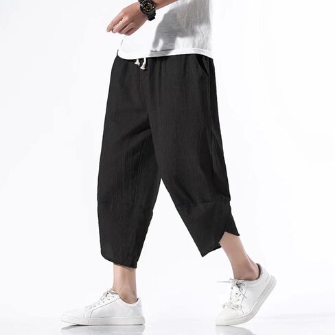 INVACHI Men's Casual Elastic Waist Linen Capri Pants Wide Leg Baggy Cotton Harem Yoga Trousers in Kuwait