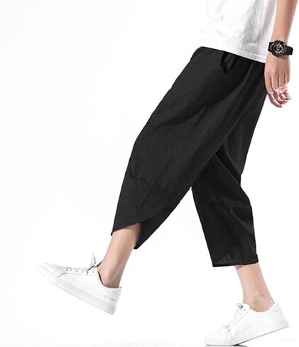 INVACHI Men's Casual Elastic Waist Linen Capri Pants Wide Leg Baggy Cotton Harem Yoga Trousers in Kuwait