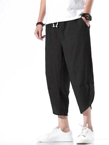 INVACHI Men's Casual Elastic Waist Linen Capri Pants Wide Leg Baggy Cotton Harem Yoga Trousers in Kuwait