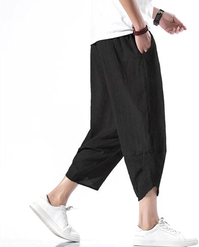 INVACHI Men's Casual Elastic Waist Linen Capri Pants Wide Leg Baggy Cotton Harem Yoga Trousers in Kuwait