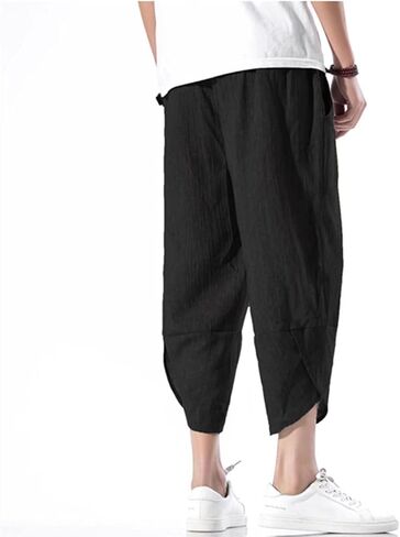 INVACHI Men's Casual Elastic Waist Linen Capri Pants Wide Leg Baggy Cotton Harem Yoga Trousers in Kuwait