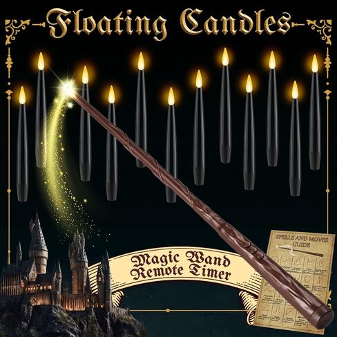 NURADA Floating Candles with Wand Remote Timer - Magic LED Hanging Flameless Taper Candles Flickering Battery Operated for Birthday Theme Party Holiday Home Window Decor - Black 12 Pack in Kuwait