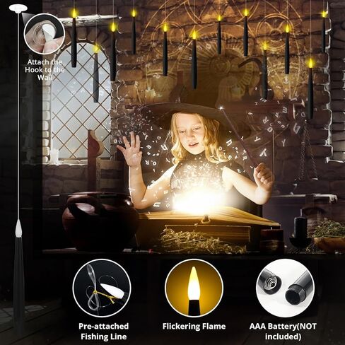 NURADA Floating Candles with Wand Remote Timer - Magic LED Hanging Flameless Taper Candles Flickering Battery Operated for Birthday Theme Party Holiday Home Window Decor - Black 12 Pack in Kuwait