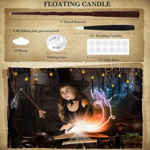 NURADA Floating Candles with Wand Remote Timer - Magic LED Hanging Flameless Taper Candles Flickering Battery Operated for Birthday Theme Party Holiday Home Window Decor - Black 12 Pack in Kuwait