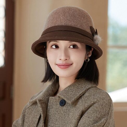 Wool Felt Cloche Hat Winter Wide Brim Retro Flower Bowknot Vintage Bucket Hat Floppy Hat for Ladies in Saudi Arabia