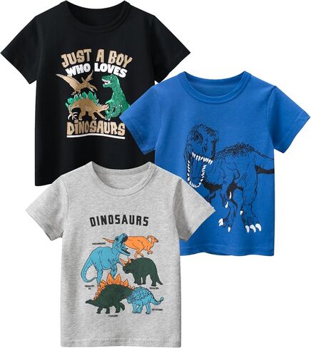 GFQLONG 3 Pack Toddler Boy Graphic Shirts, Dinosaur Short Sleeve Cotton Tshirt, Kids Summer Cars Tees Top Clothes in Kuwait