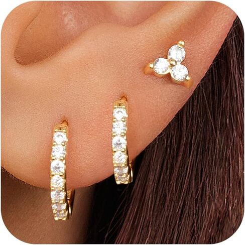 Small Hoop Earrings for Women, Diamond Stud Huggie Cartilage Earrings Set for Multiple Piercing, 3 Pairs Trendy Jewelry Gifts in Saudi Arabia