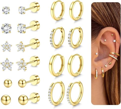YADOCA Hypoallergenic Surgical Steel Earrings 14K Gold Flat Back Earrings for Women Trendy 316L Stainless Steel Flatback Stud Earring Sets for Multiple Piercing Small Cartilage Hoop Earring Stacks in Saudi Arabia
