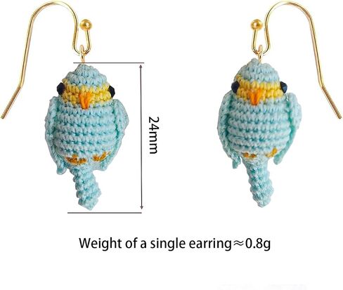 Hand-crocheted yellow and blue parrot earrings, miniature crocheted artistic cute playful parrot gifts accessories in Kuwait