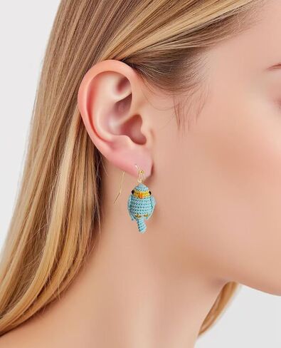 Hand-crocheted yellow and blue parrot earrings, miniature crocheted artistic cute playful parrot gifts accessories in Kuwait