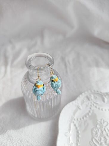 Hand-crocheted yellow and blue parrot earrings, miniature crocheted artistic cute playful parrot gifts accessories in Kuwait
