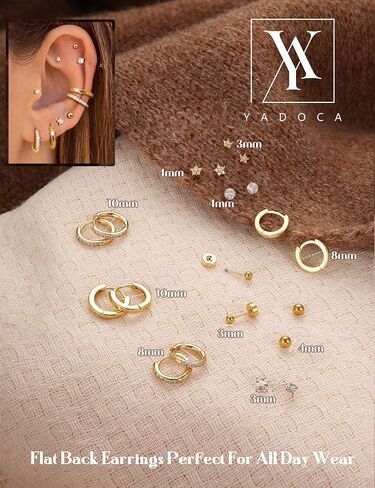 YADOCA Hypoallergenic Surgical Steel Earrings 14K Gold Flat Back Earrings for Women Trendy 316L Stainless Steel Flatback Stud Earring Sets for Multiple Piercing Small Cartilage Hoop Earring Stacks in Saudi Arabia