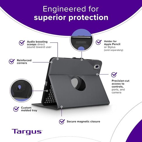 حافظة Targus VersaVu iPad الجيل العاشر 2022 iPad 10.9 بوصة، حافظة iPad 10 360 درجة غطاء حماية من السقوط بدرجة عسكرية لجهاز iPad 10th Gen 2022 إغلاق مغناطيسي، أرجواني (THZ93507GL) in Kuwait