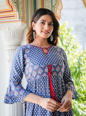 Yash Gallery Rayon Women's Grey Floral Printed Anarkali Kurti For Summer in Saudi Arabia