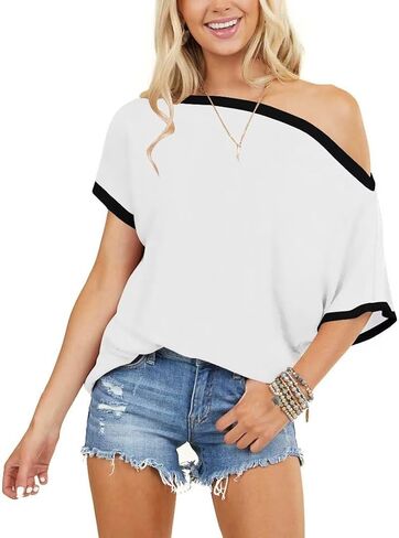 Bonitee Womens قبالة قميص الكتف قارب عنق قارب كبير الحجم tshirts قمم قصيرة الأكمام 2025 الصيف ملابس فضفاضة غير رسمية تونك in Kuwait