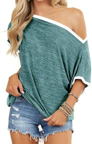 Bonitee Womens قبالة قميص الكتف قارب عنق قارب كبير الحجم tshirts قمم قصيرة الأكمام 2025 الصيف ملابس فضفاضة غير رسمية تونك in Kuwait