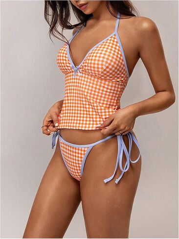 Milumia للسيدات المكون من قطعة بيكيني مجموعة منقوشة طباعة الرسن Tankini مجموعة مع Tie Side Thong in Kuwait